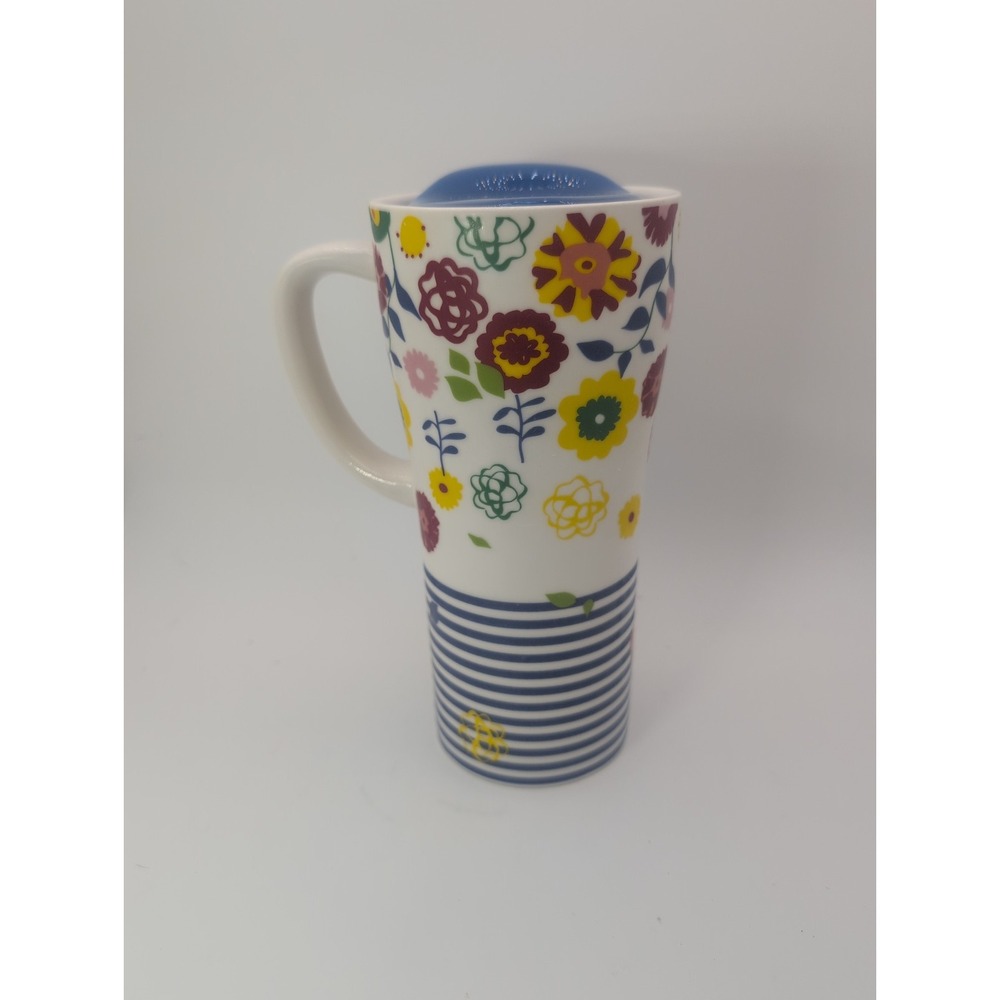 TAG Floral Striped Travel Coffee Mug Tall With Ceramic Lid 16 Oz